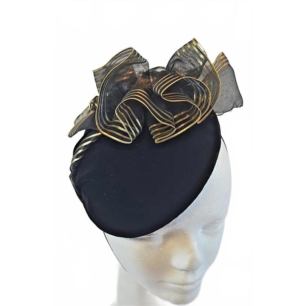 Nan Duskin Fascinator Ah Capello Black Velvet Gold Striped Ribbon Cherub Medal
